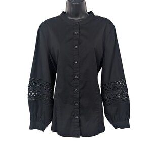 Chicos Black Eyelet Lace Sleeve Button Front Top Goth Office Romantic Size 16